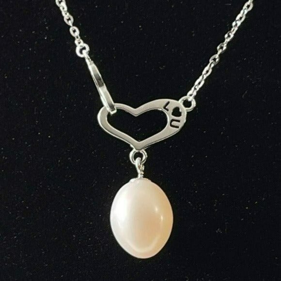 Stamped I LOVE U 925S‎ Silver Drop Freshwater Pearl Pendant Heart Necklace - Picture 10 of 16